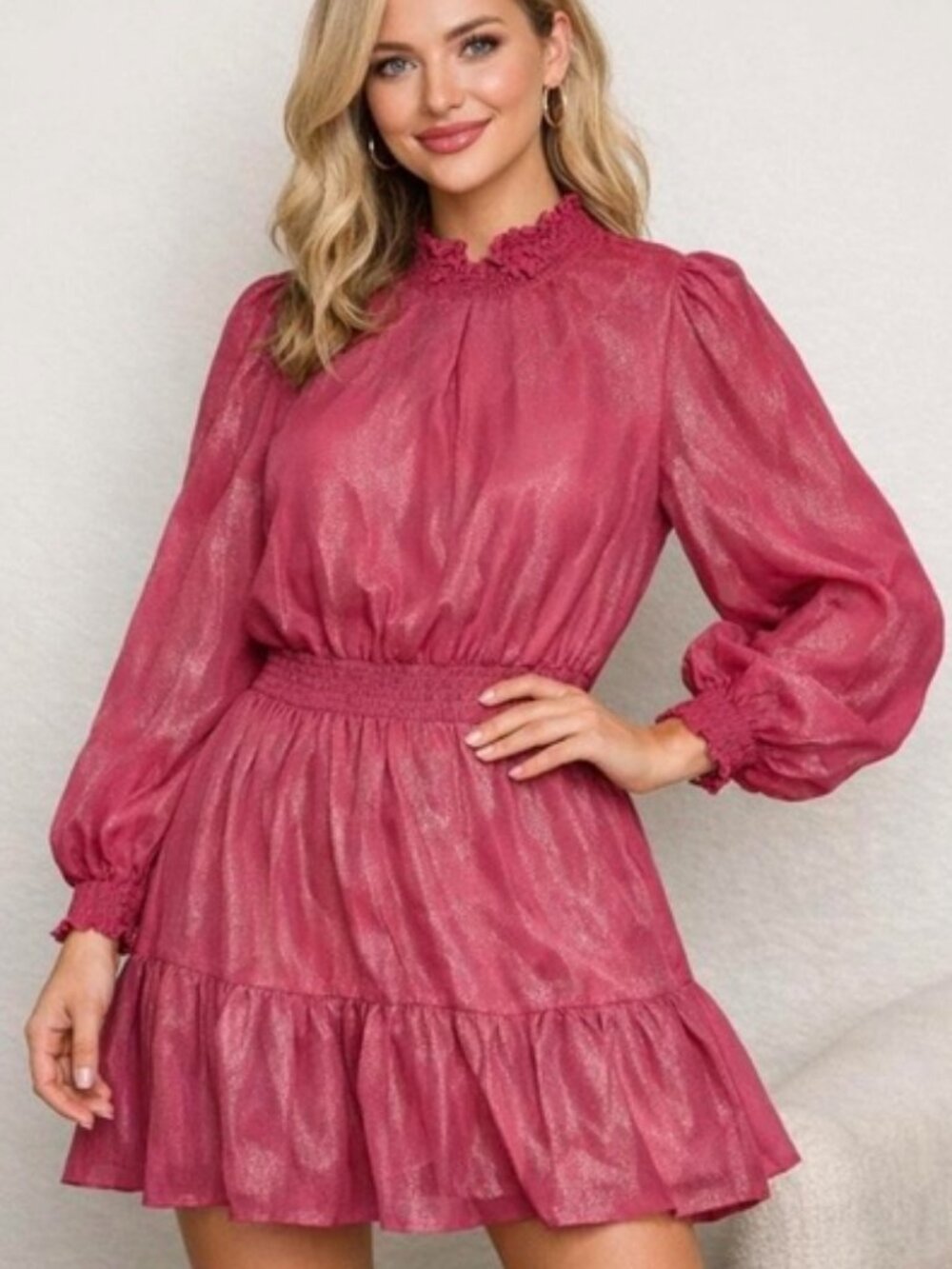 NWT Nanette Lepore Pink Metallic Smocked Mini Dress Long Sleeve Size 2
